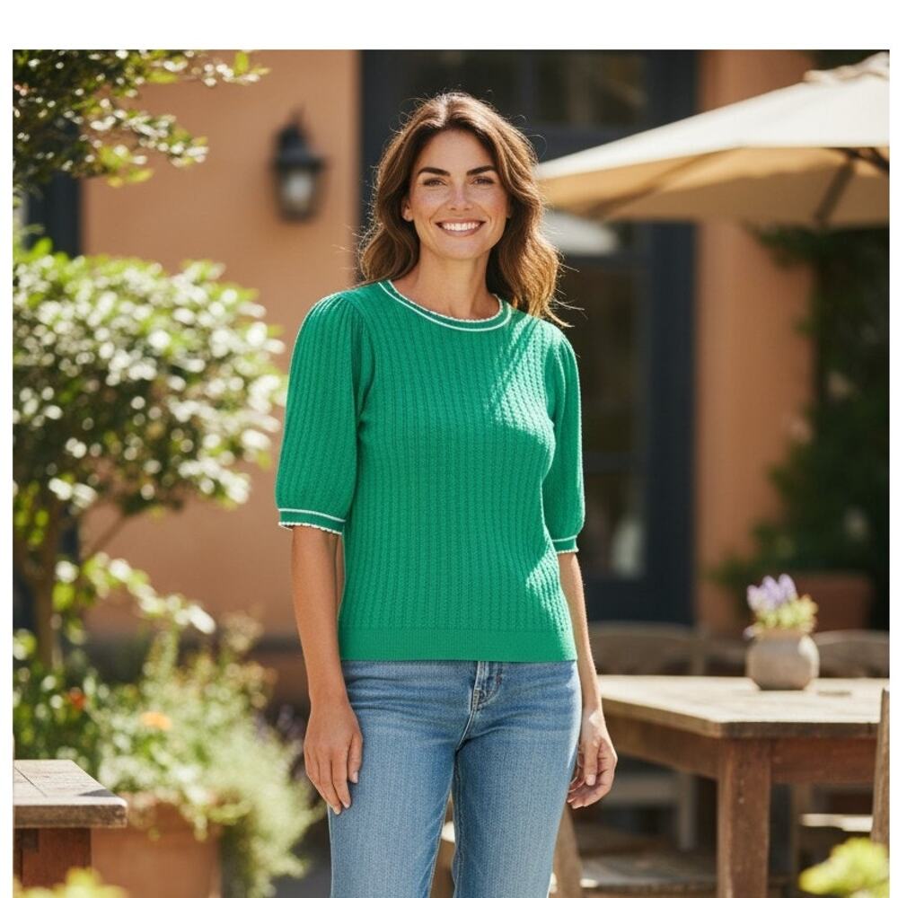 Adrianna Papell Green Puff Sleeve Knit Sweater Top Textured Medium